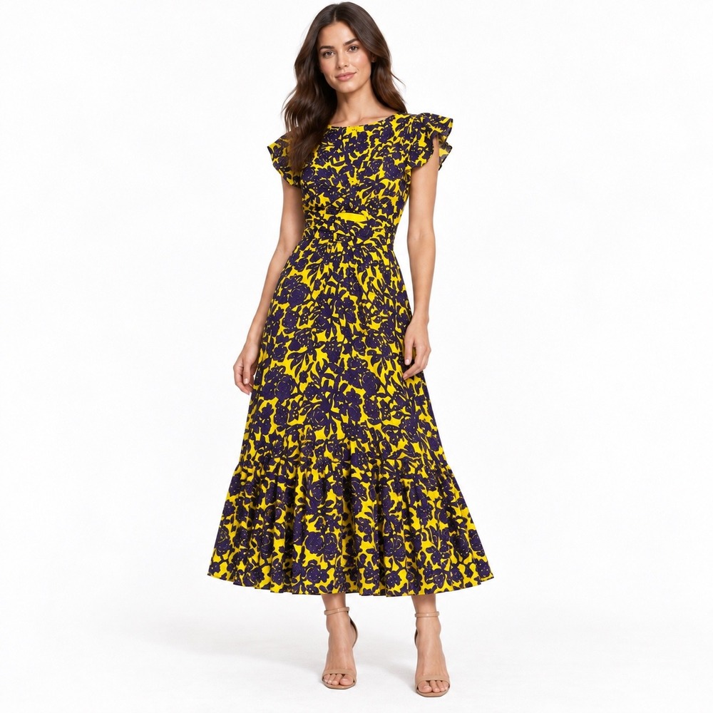 A.L.C. Silk Cutout Midi Dress Sz 0 Yellow Purple Floral Silk Ruffle V-Neck Boho